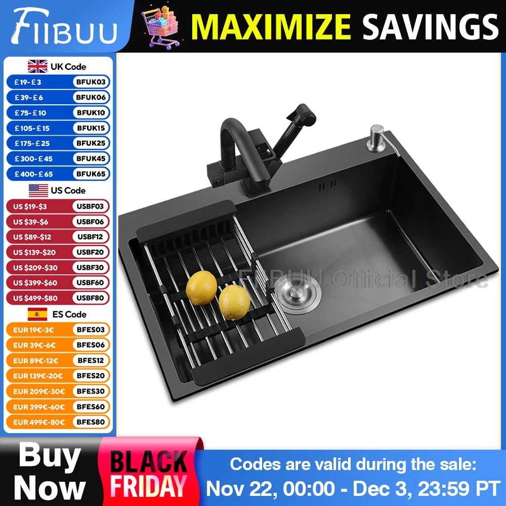 Black Nano Kitchen Sink 304 Stainless Steel Large Capacity Single Slot Thicken Vegatable Workstation with Multiple Accessories