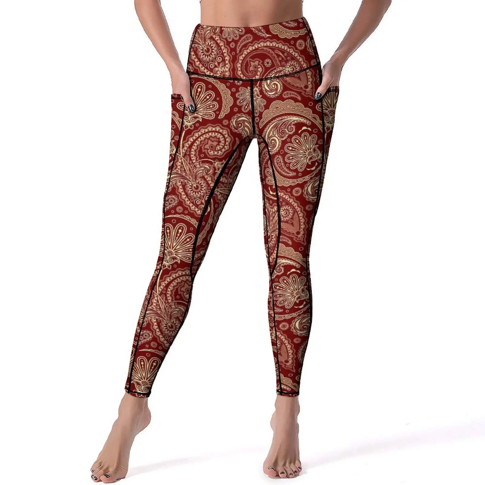 

Vintage Paisley Yoga Pants Sexy Gold and Red Printed Leggings High Waist Gym Leggins Female Kawaii Stretch Sports Tights