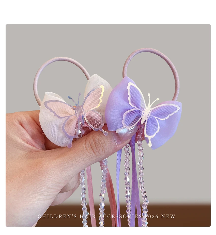 2026 Neu 2er-Set Schmetterlings-Haarschleifen mit Quasten und Kristallen – Hochelastisch, schadet den Haaren nicht, elastisch für Babys, Kleinkinder und Kinder – Geschenk – Detail 2