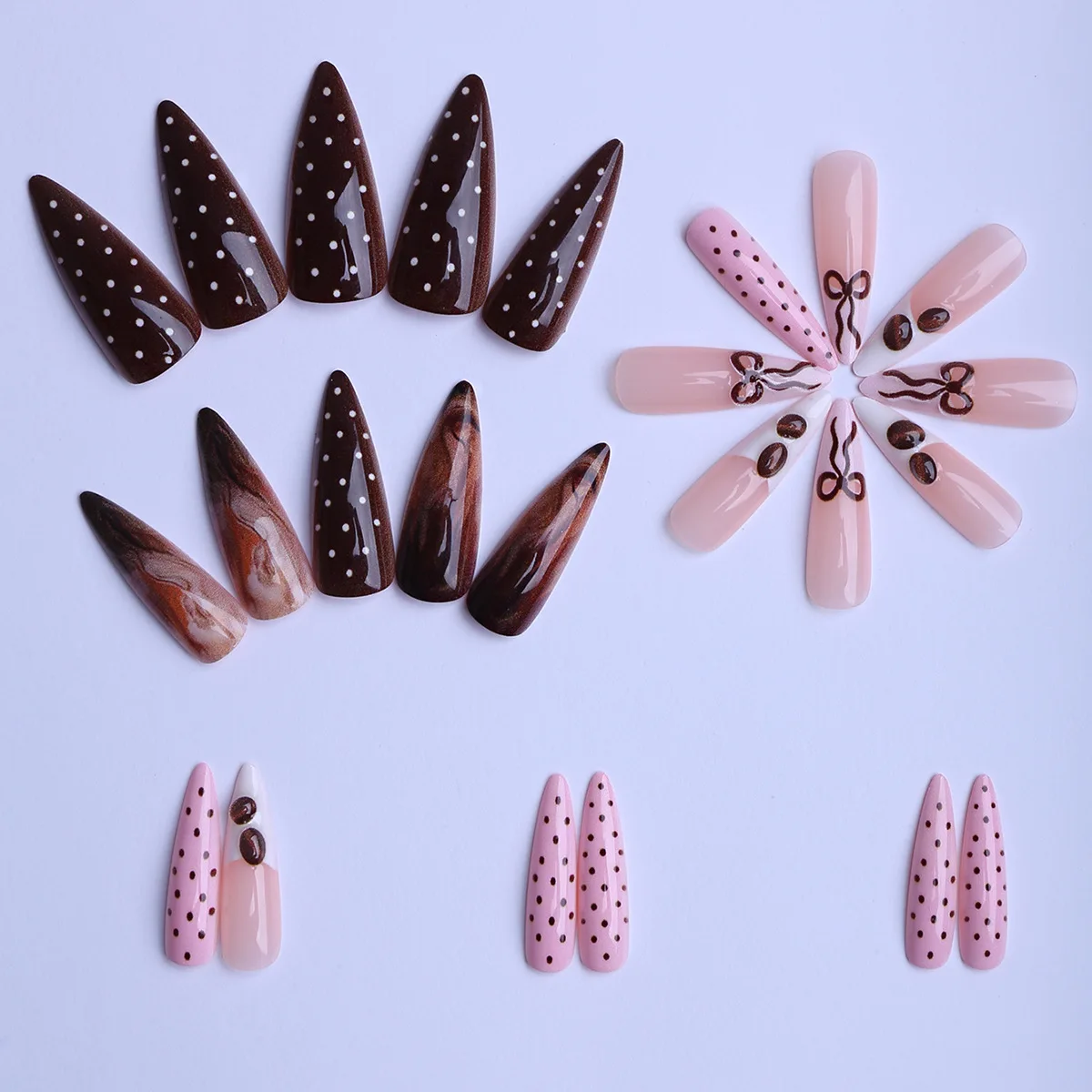 24pcs Coffee Swirl Press on Nails 3D Coffee Bean Bow Pink Polka Dot French Tip Design Fake Nail Long Point Fasle Nail for Women 4