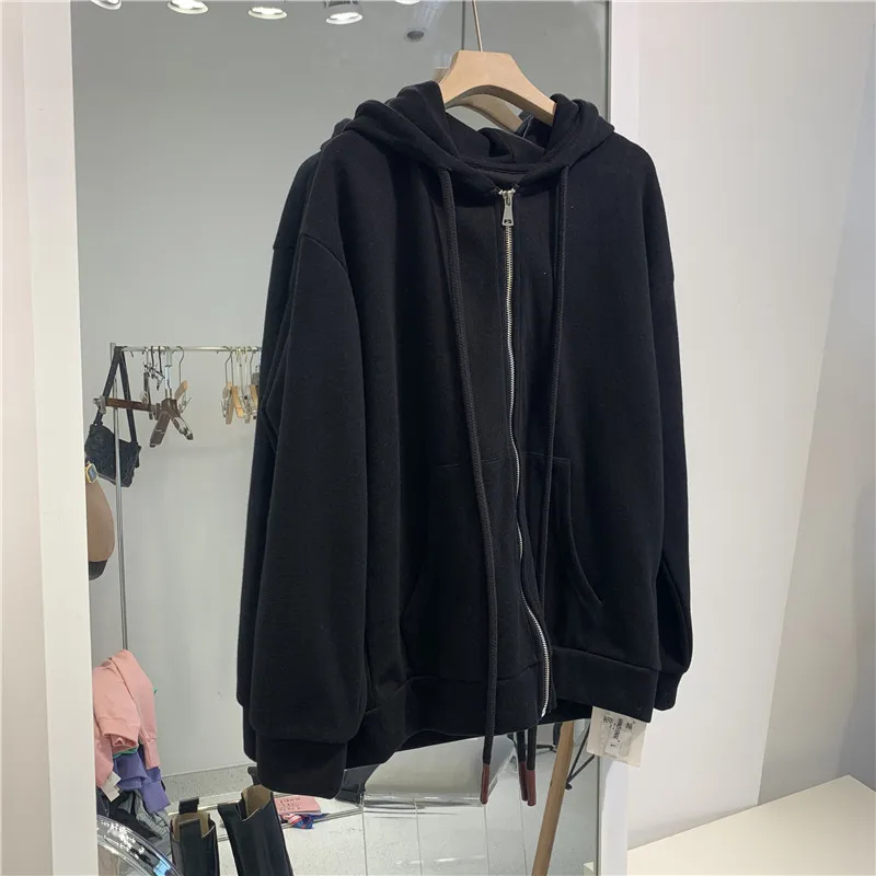 2025 New Hooded Grey Cardigan Hoodie Women's Autumn Winter Loose Lazy Style Zipper Design Solid Color Thin Coat Long Sleeve