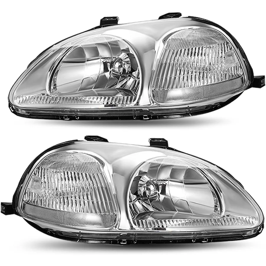 

Headlight Assembly Replacement for Honda Civic 1996 1997 1998 Passenger and Driver Side with Chrome Housing and Clear Reflector
