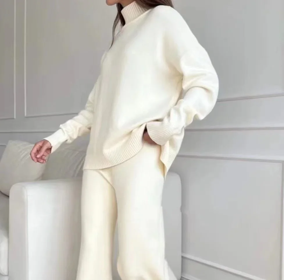 2024 Autumn Winter Casual Loose Knit Sweater Two-Piece Set Fashion Solid Turtleneck Long Sleeve Pullover Sweater Straight Pants