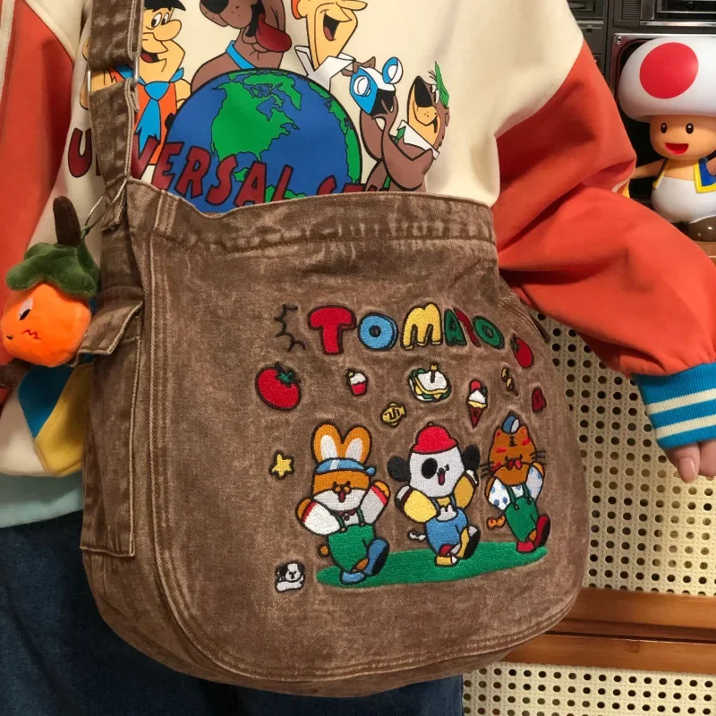 MBTI Vintage Cartoon Denim Tote Bags for Women Luxury Designer Kawaii Embroidery Shoulder Bag Large Capacity Messenger Bag New