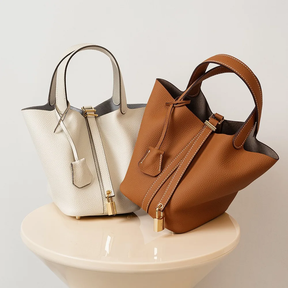 

New Hot Sale Of The Season Genuine Leather Bucket Bag Women's Handbag Vegetable Basket Mommy Bag Bride Wedding Bag High-End Sens