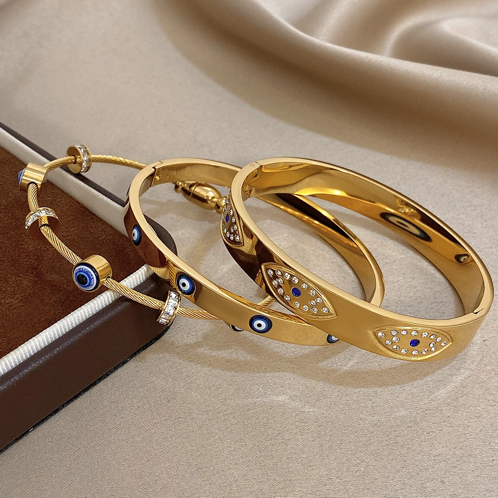 Neue Türkische Böse Augen Strass Edelstahl Manschette Armband Armreif Für Frauen Mode Vergoldet Wasserdicht Charme Schmuck – Detail 5