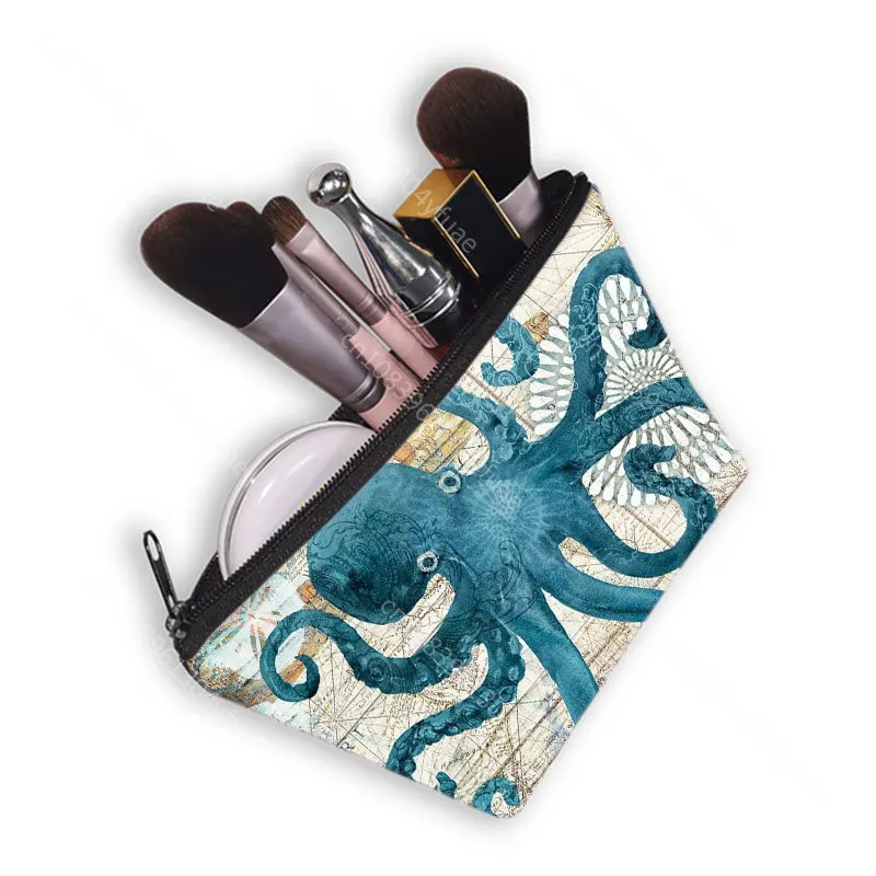 Bolsa de cosméticos con estampado de pulpo/tortuga marina/caballito de mar, estuche de cosméticos para mujer, bolsas de maquillaje para damas, estuche de maquillaje para niñas, bolsa de maquillaje de viaje