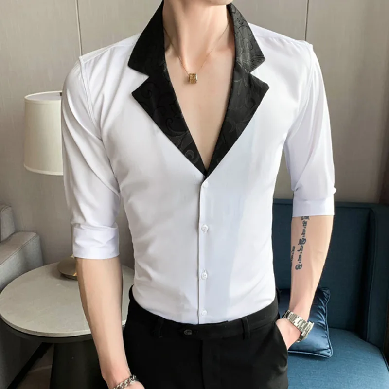 2022 Jacquard Stitching Shirts For Men Half Sleeve Slim Casual Shirt Social Party Tuxedo Chemise Homme Streetwear Men Clothing