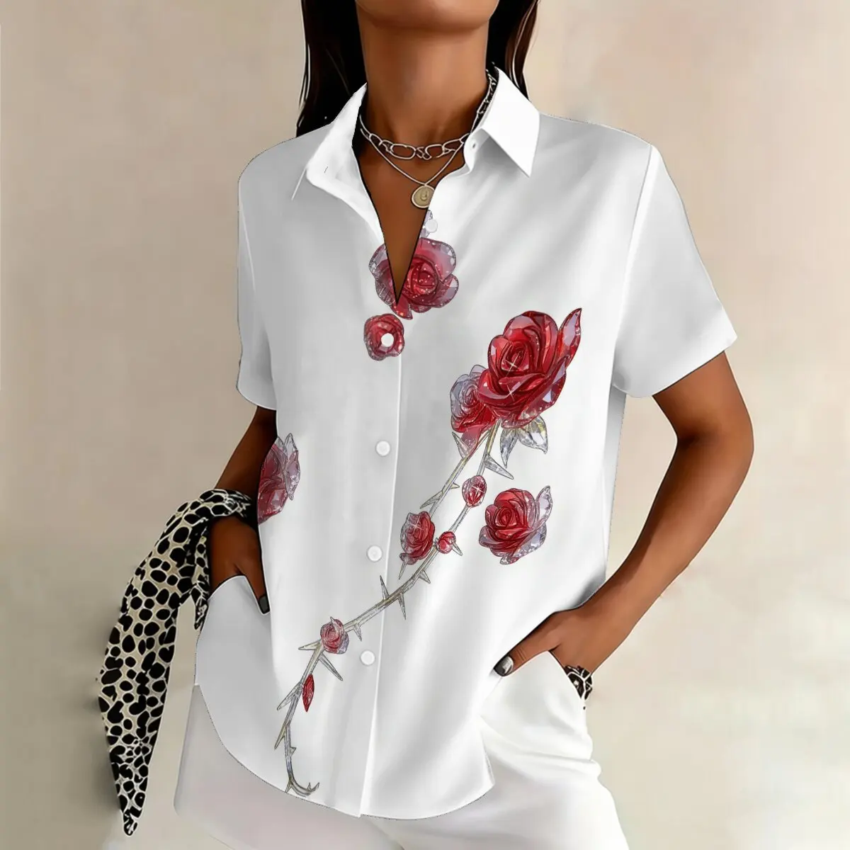 

Summer plus-size women's short-sleeve shirt,sweet rose pattern,romanticfor outings,couples' dates and daily commuting.