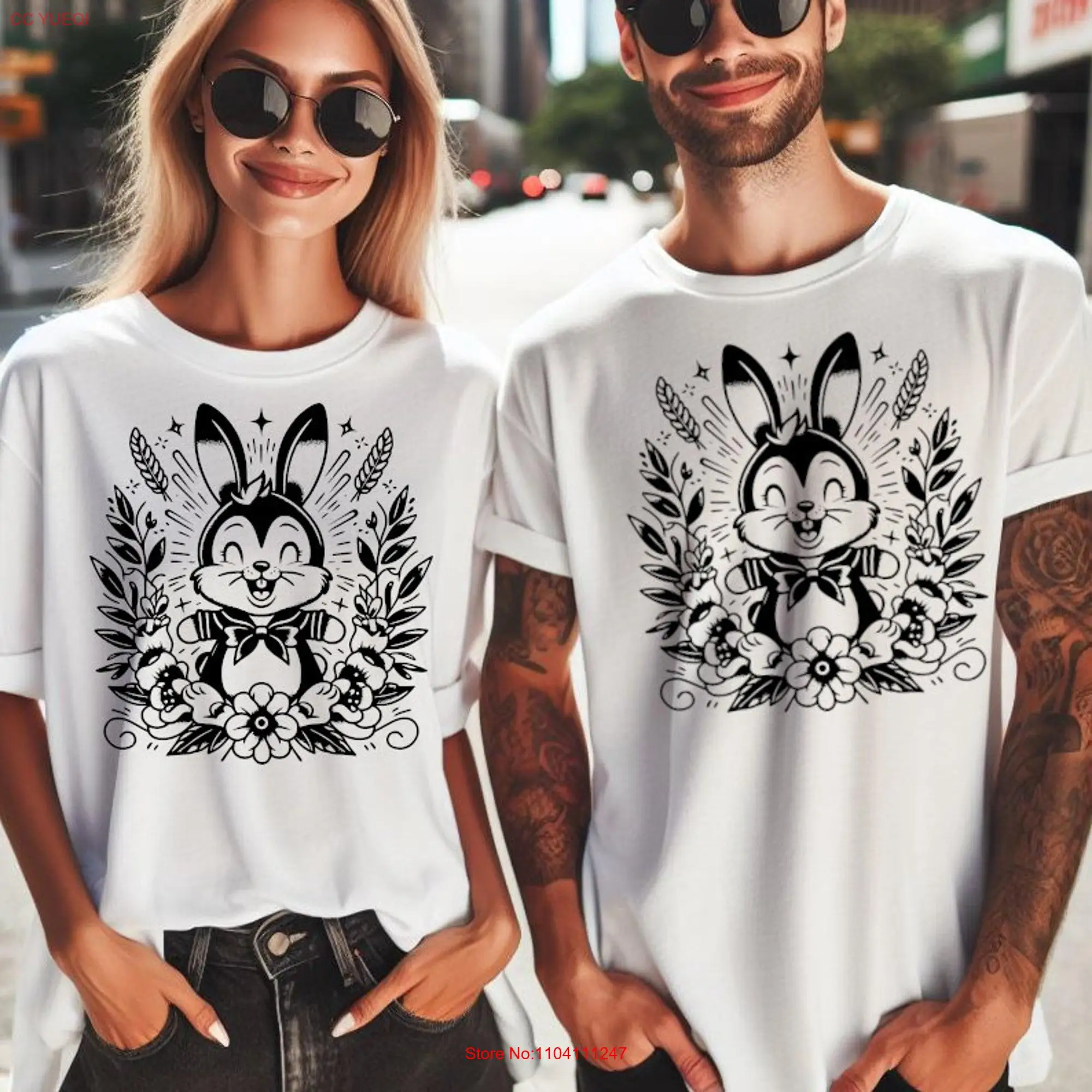 Happy Bunny Rabbit Floral by TatT T Shirt Original Tattoo Art long or short sleeves