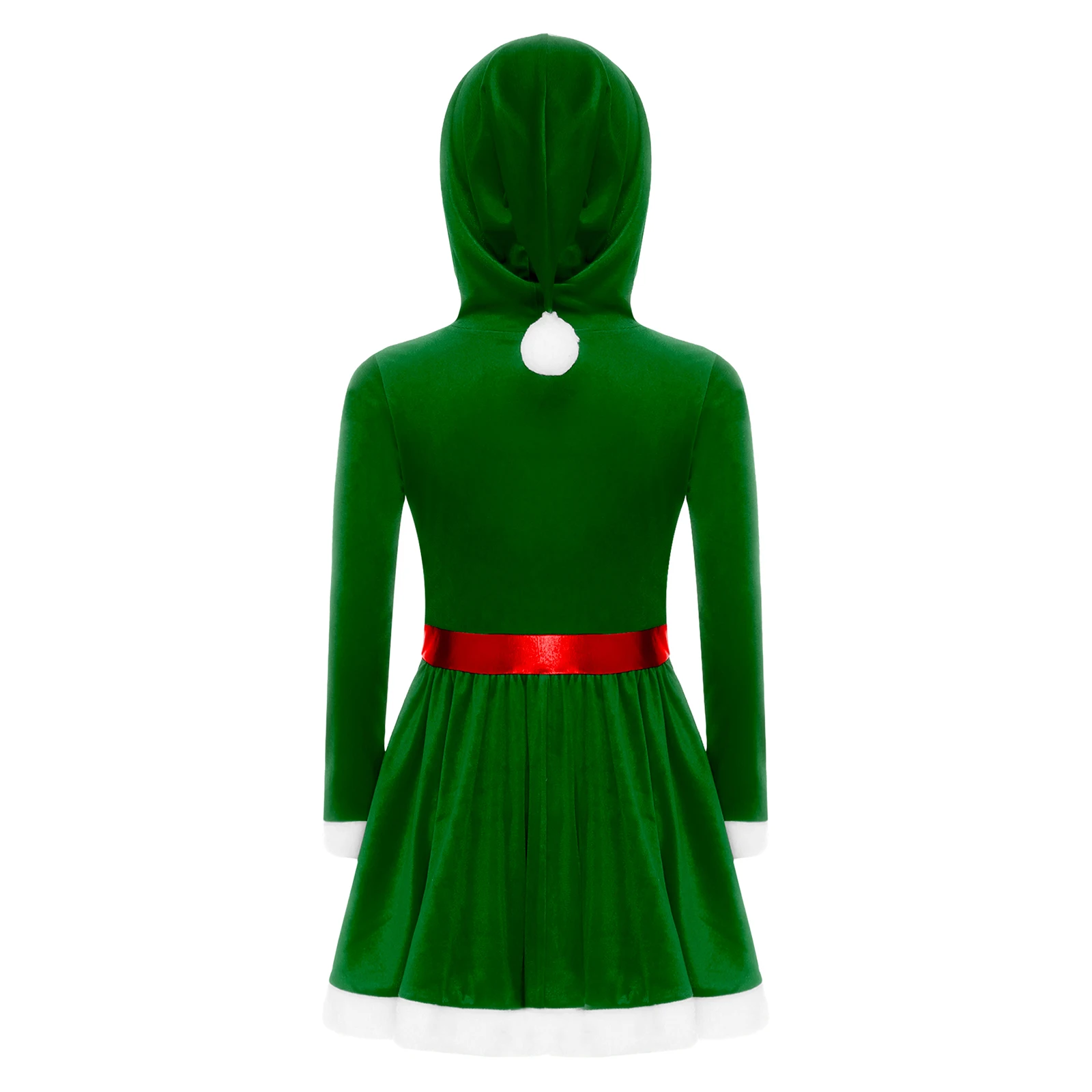 أطفال بنات حفلة عيد الميلاد زي الزنجبيل رجل فستان طويل الأكمام المرقعة شريط الخصر القوس وأشار Pompom هوديي فساتين