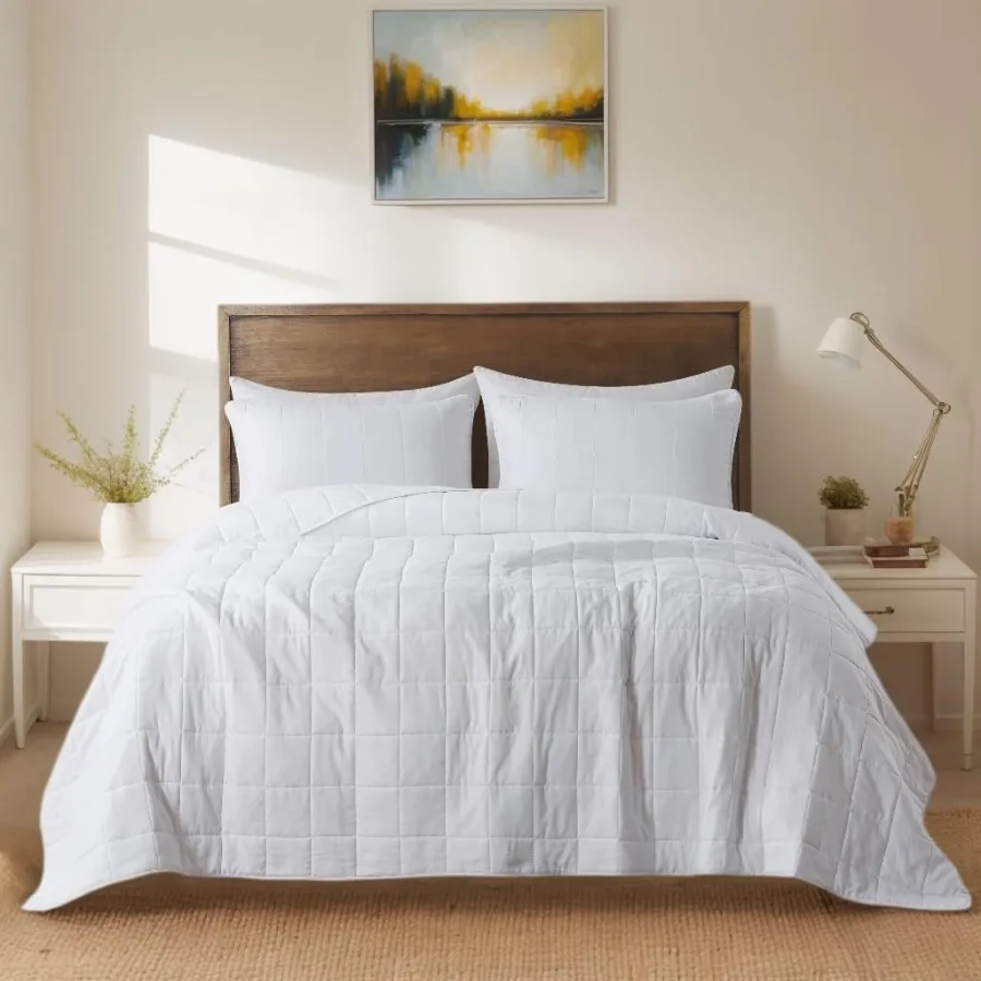 

White Queen Size Quilt Bedding Sets with Pillow Sham for Summer Use Lightweight Soft Bedspread Coverlet with Farmhouse Country
