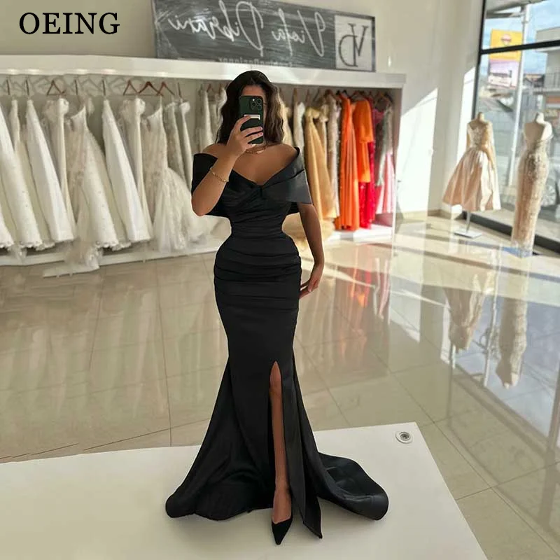 

OEING Black Off the Shoulder A Line Evening Dresses Simple Dubai Arabic Split Women Prom Gowns Formal Party Dress Vestidos