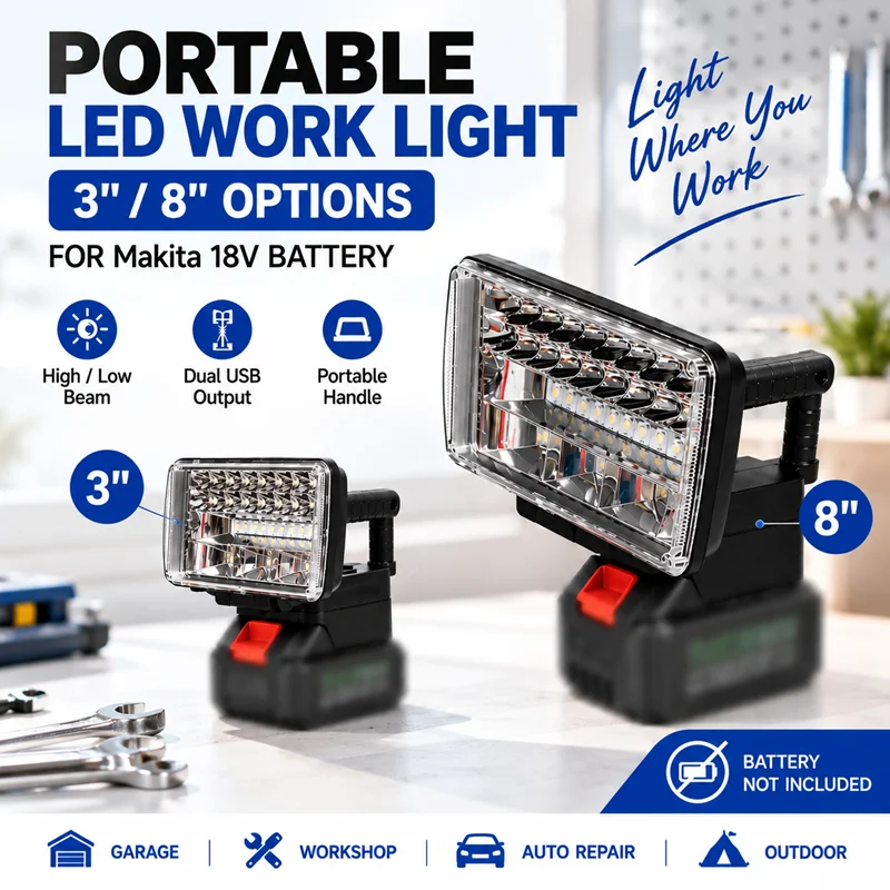 8 Inch LED Work Light For Makita 18V Battery Portable Floodlight High Low Beam Dual USB Handle for Workshop Garage Camping