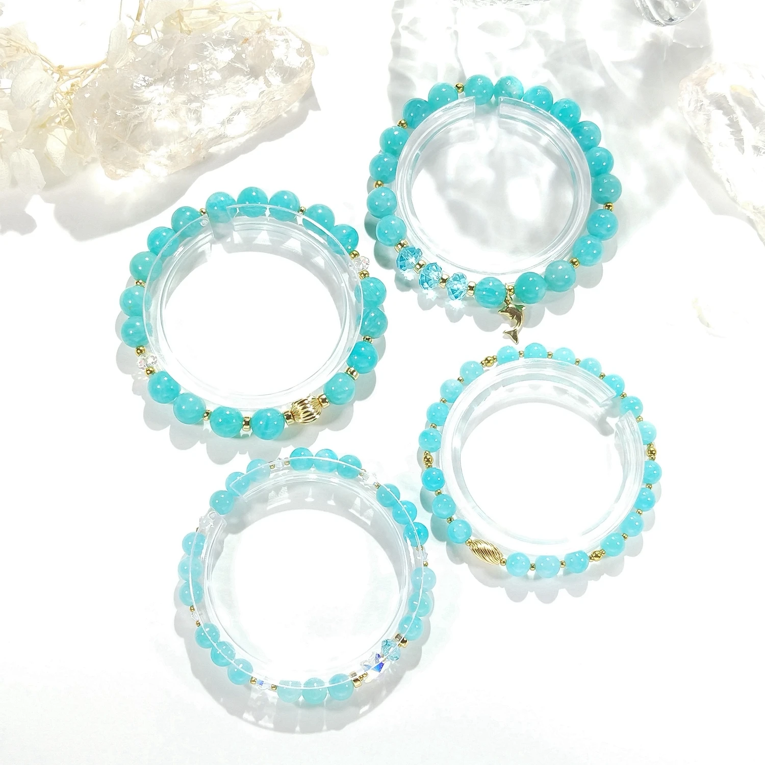 Lii Ji Natural Blue Stone Amazonite 6/8mm American 14K Gold Filled Elastic Bracelet Fashion Jewelry