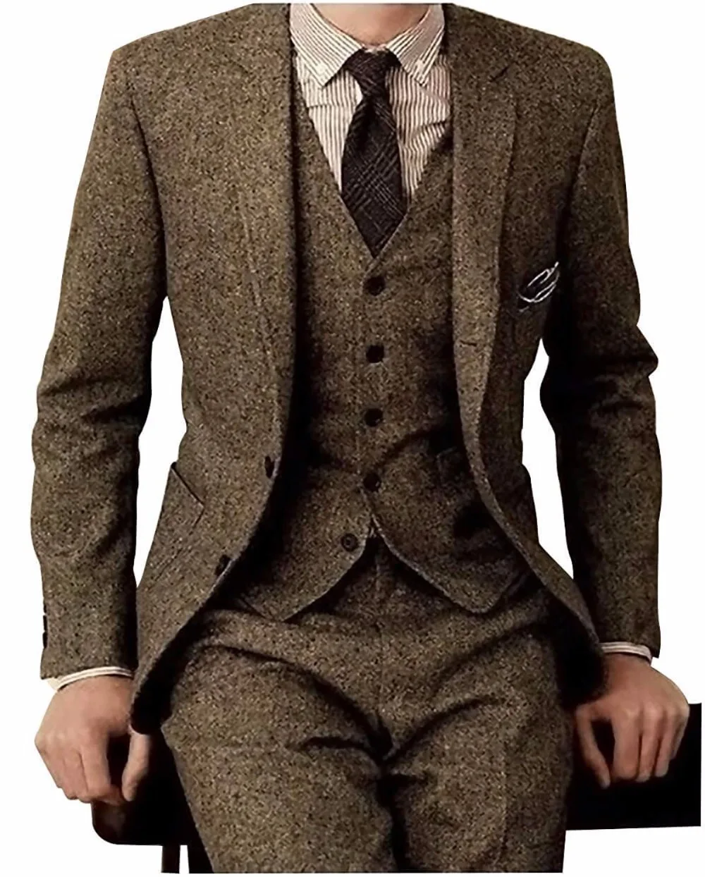 

Brown Tweed Men Suits 3 Pieces Formal Business Suit Set Custom Gentle-Mens Groom Wedding Dress Blazer Suit(Jacket+Pants+Vest)