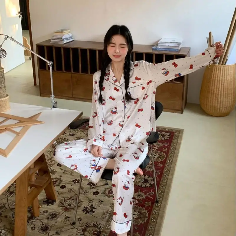 

Горячая пижама Sanrio Girl Leisure Ice Silk с длинными рукавами, костюм Kawaii Hello Kitty, модная сексуальная весенне-летняя одежда для отдыха