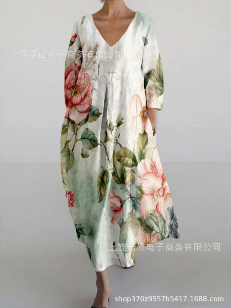 ชุดเดรสยาวพิมพ์ลายดอกไม้ฤดูร้อนสำหรับผู้หญิง ปี 2025 ทรงหลวม สีขาว สไตล์โบฮีเมียน ชุดเดรสยาวสำหรับงานปาร์ตี้ยามเย็นสไตล์วินเทจ ชุดเดรสยาวสำหรับผู้หญิง