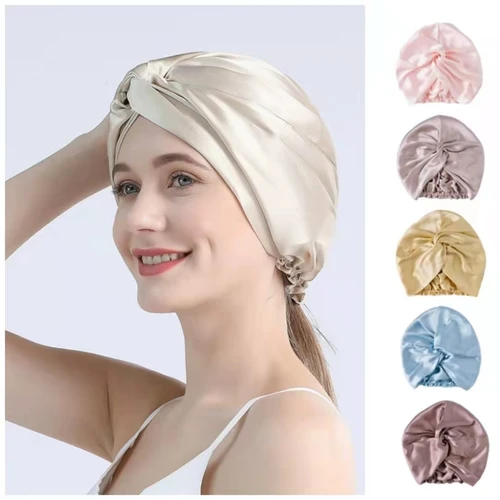 Imagen 2 del producto Turbante de seda de morera para mujer, gorro de noche retorcido para dormir, 19 Momme, gorro envolvente de pelo de seda pura para mujer, envoltura para la cabeza, 100
