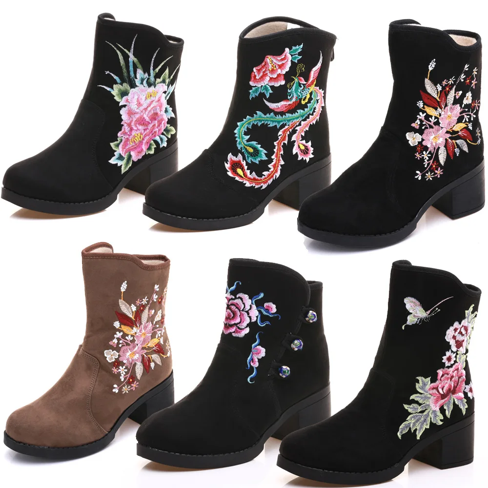 

Winter Short Boots Women's Embroidered Cotton Lined High Heel Booties Snow Boots Chelsea Boots Comfortable Inner Material