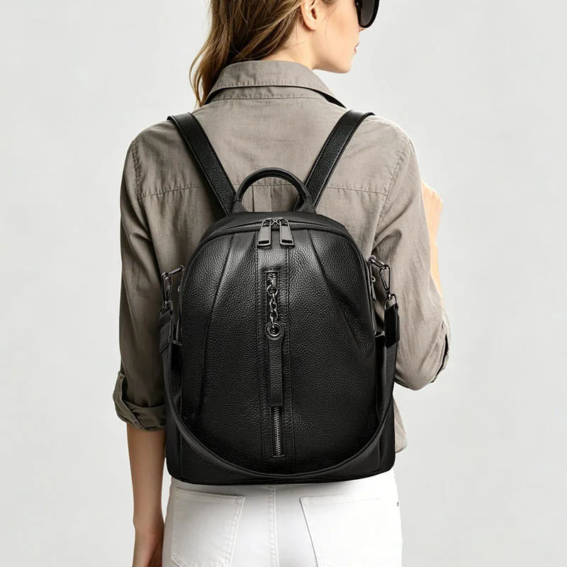 New Fashion Women's Genuine Leather Backpack, Large Capacity Commuter Bag, Soft Top Layer Cowhide, Lightweight Travel Backpack