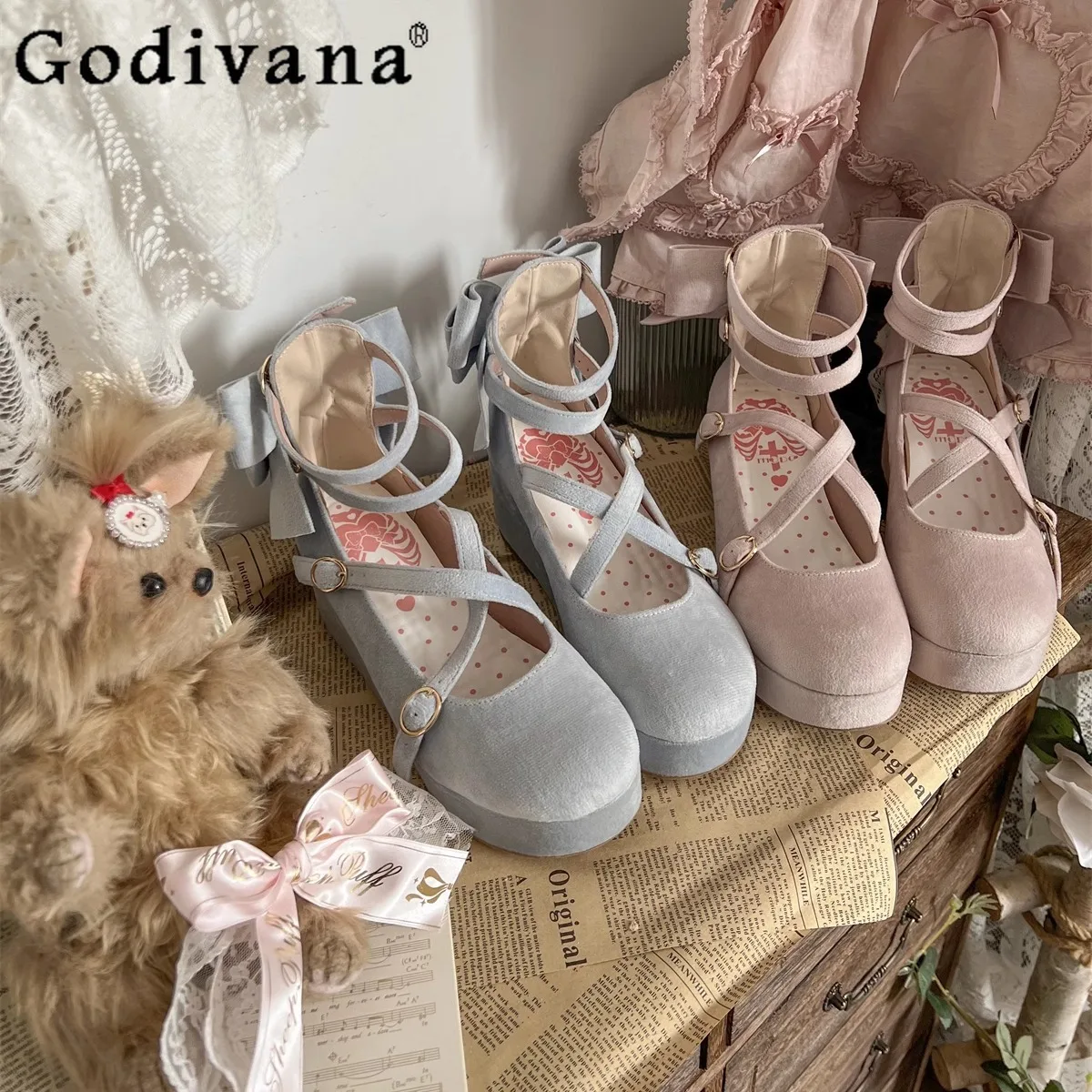 

Woman's Sweet Elegant Lolita Velvet Mary Jane Shoes Spring and Autumn Japanese Girl's Cute Bow Platform Shoes Tea Party Lo Pumps