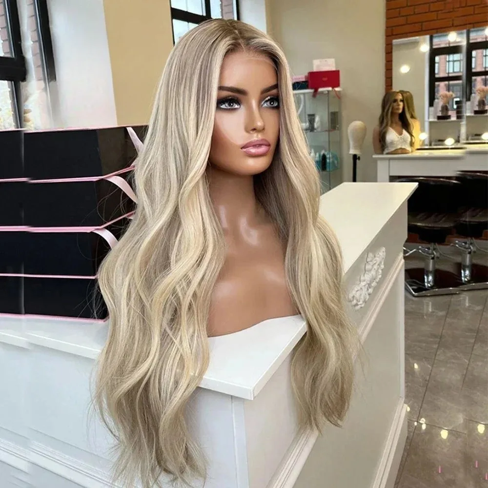 Authentic European Ombre Streaks Ash Blonde Synthetic And Blend Brown Root 13x4 HD Lace Front Wig For Women Daily Party Cosplay