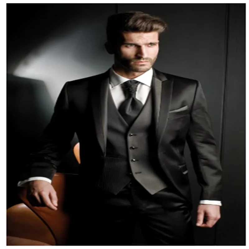 

Custom Made Groom Tuxedo Shiny Black Groomsmen Peak Lapel Wedding/Dinner Suits Best Man Bridegroom (Jacket+Pants+Tie+Vest)