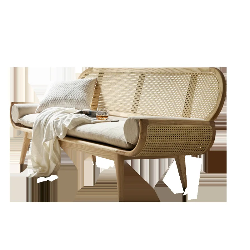 

New Chinese three-person sofa Nordic solid wood simple rattan small apartment living room fabric