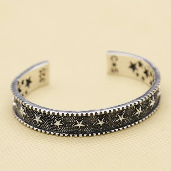 

Punk Thai Silver Five Point Star Bracelet Fashion Male Fashion Accessories Quan Zhilong Opening Sterling Silver Personality Wide