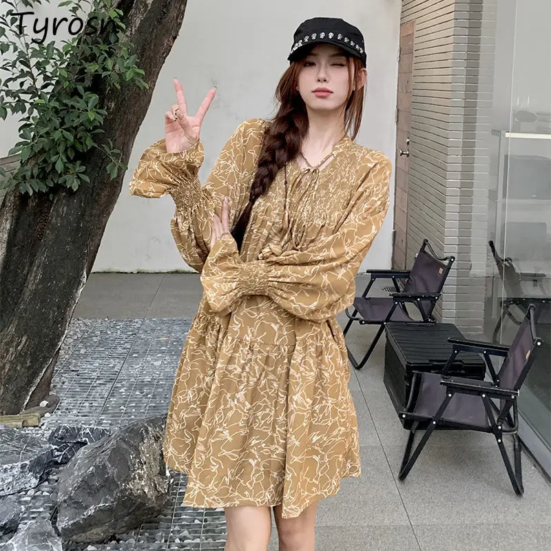 

Mini Dress for Women Temper Print Vintage Flare Sleeve Holiday Casual French Style Seaside Aesthetic Fashion Vestidos De Mujer