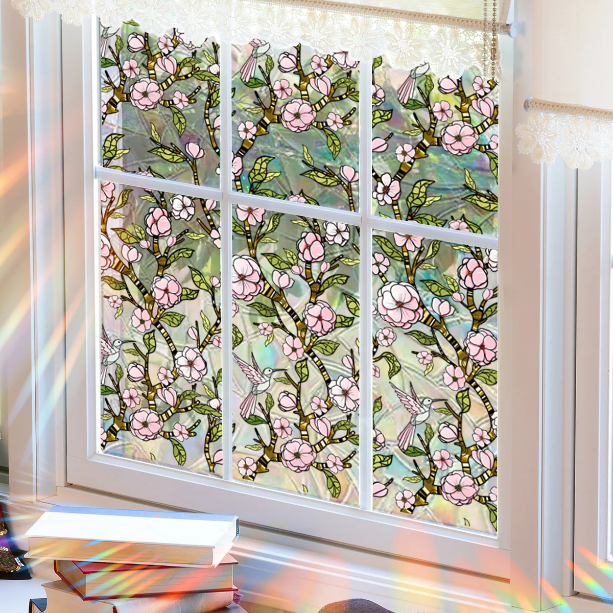 Pink Floral Stained Window Film Double-Sided Floral Electrostatic Glass Sticker for Living Room Bedroom Home Windows Decoration