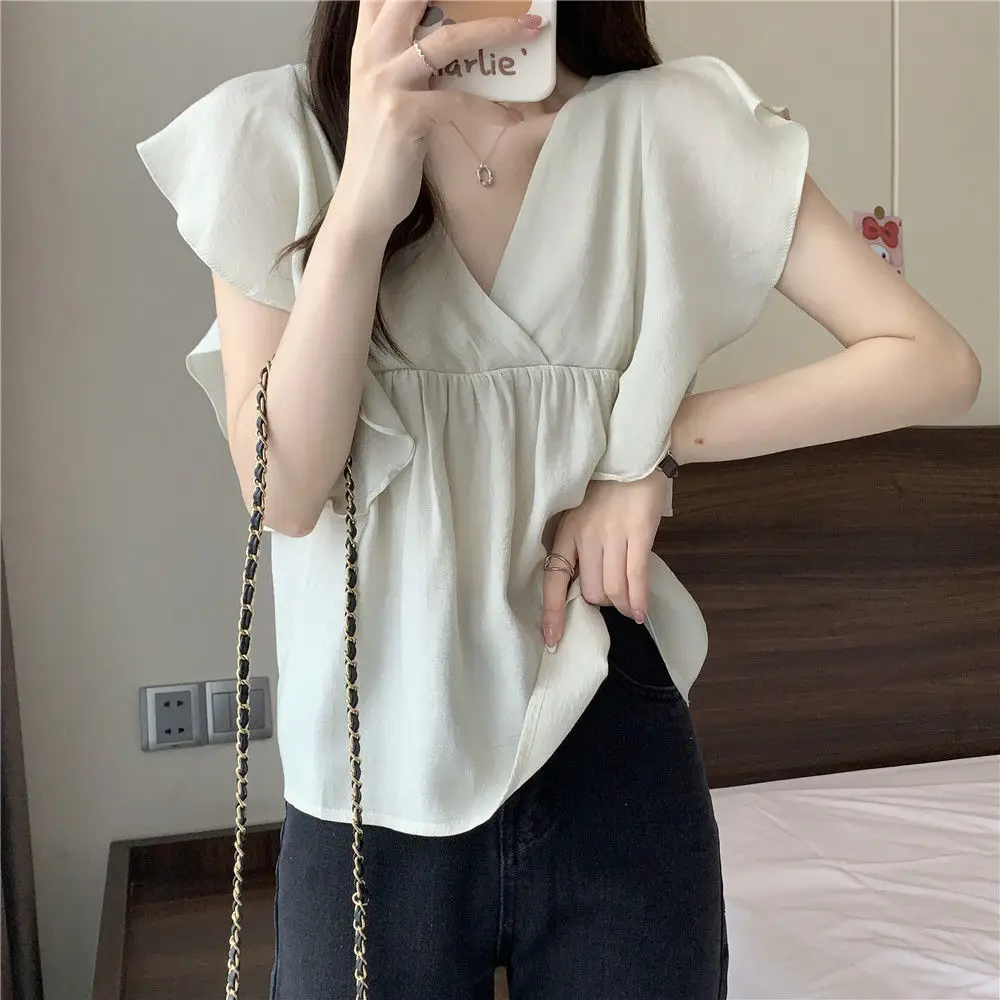 Frauen Kleidung Sommer Koreanische Mode Lässig Einfachheit Elegante Rüschen Einfarbig V-ausschnitt Chiffon Femme Temperament Kurze Sleev