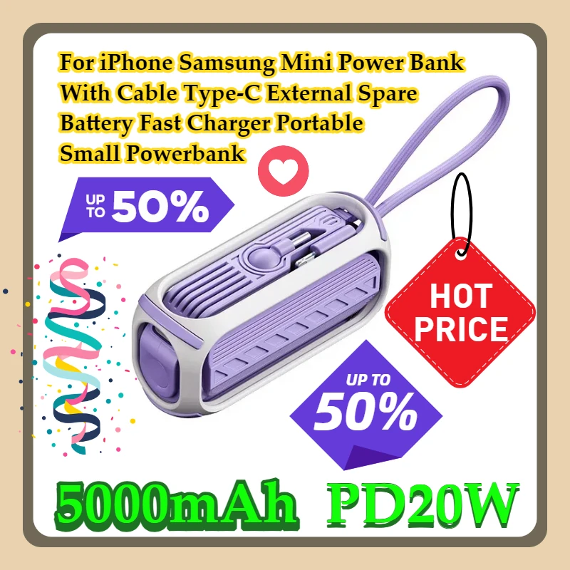 

For iPhone Samsung Mini Power Bank With Cable PD20W Type-C External Spare Battery 5000mAh Fast Charger Portable Small Powerbank