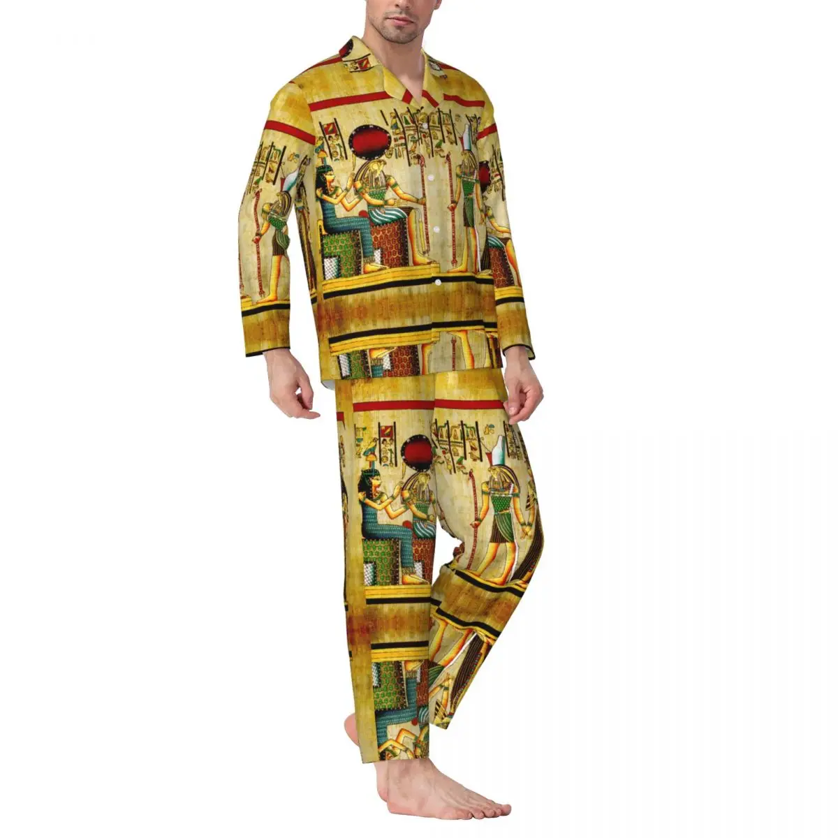 Men Pajamas Set of Autumn Winter Long-Sleeved Egyptian Gods And Goddess Home Clothing Sleepwear 2PCS/Set