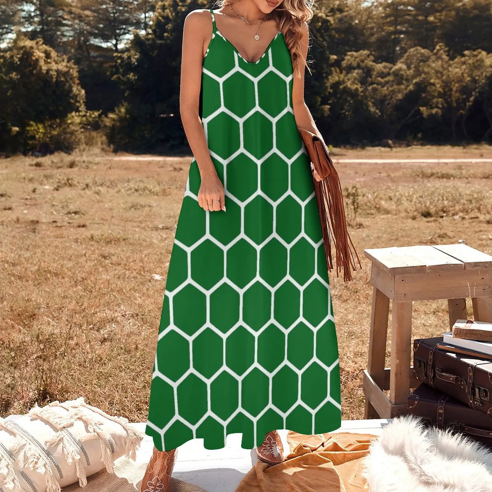 Green Honeycomb Pattern Sleeveless Dress Woman fashion long dress women summer