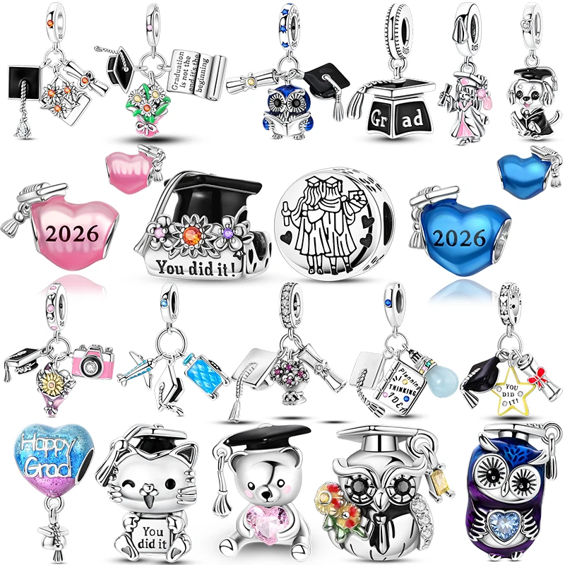 

New 925 Sterling Silver Happy Graduation Series Pendant Charm Bead Fit Original Bracelet Necklace DIY Women Man Fine JewelryGift