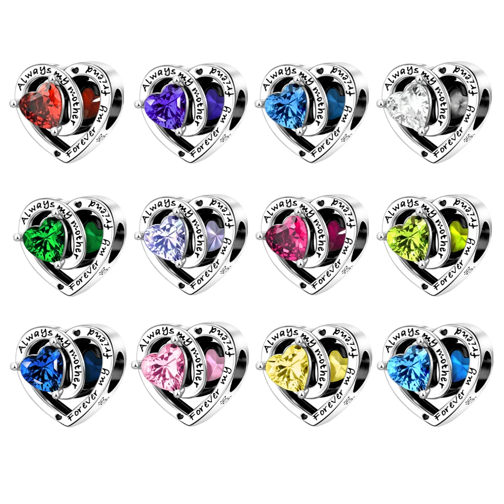 

Birthstone Series 925 Sterling Silver 12 Months Colored Gemstone Heart-Shaped Beads Fit DIY Bracelet Necklace Birthday Gifts