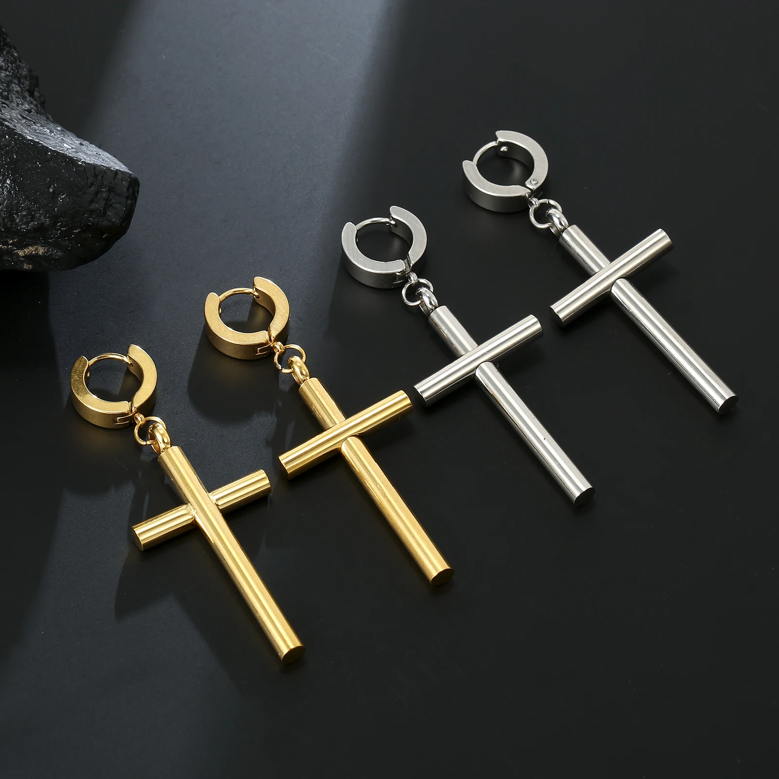 My Shape Stainless Steel Cross Pendant Earrings for Men Boy Circle Earring Ear Clip Vintage Religious Male Jewelry Accessories