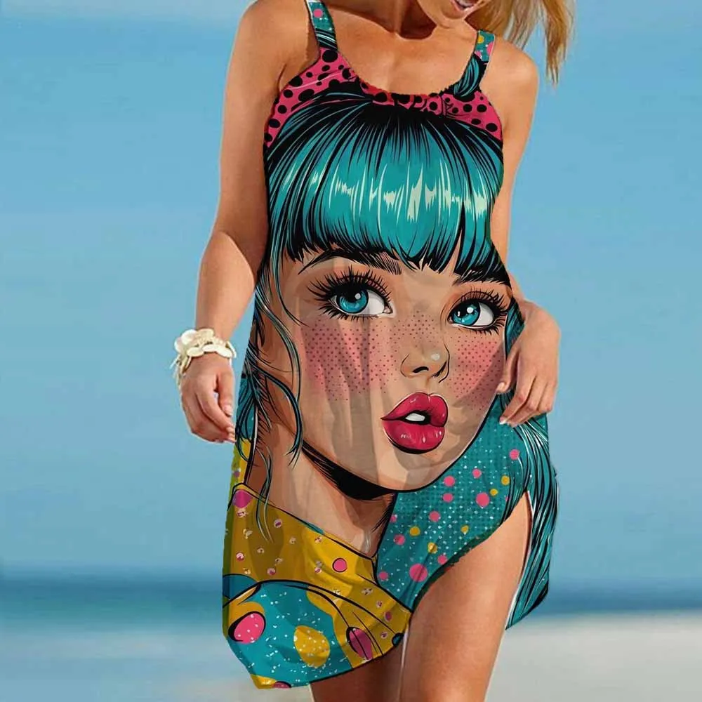 Abito da spiaggia bohémien estivo con stampa casual da donna Abito da canotta con stampa artistica pop Face Abiti estivi per donna Abito da donna 2025