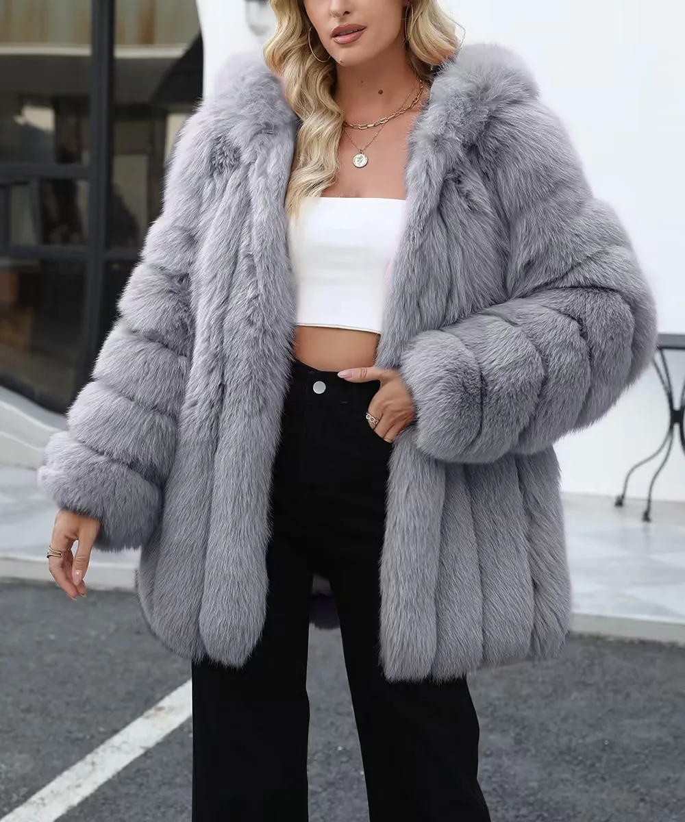 Faux Fox Fur Coat Women Solid Fur Jacket Long Sleeve Turn Down Collar Open Stitch Thick Warm Fur Loose Casual 2026 Autumn Winter