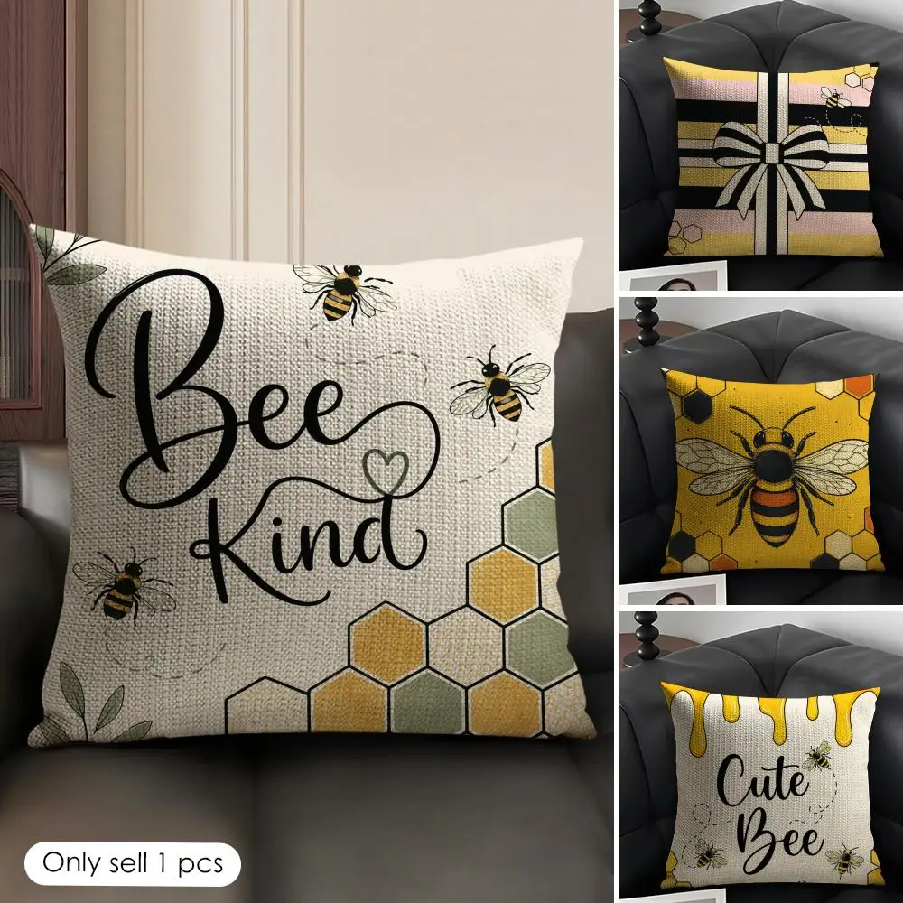 Honey Bees Cushion Cover Linen Organic Fabric Double-Sided Printing Sofa Breathable Home Decor Gift Pillow Case