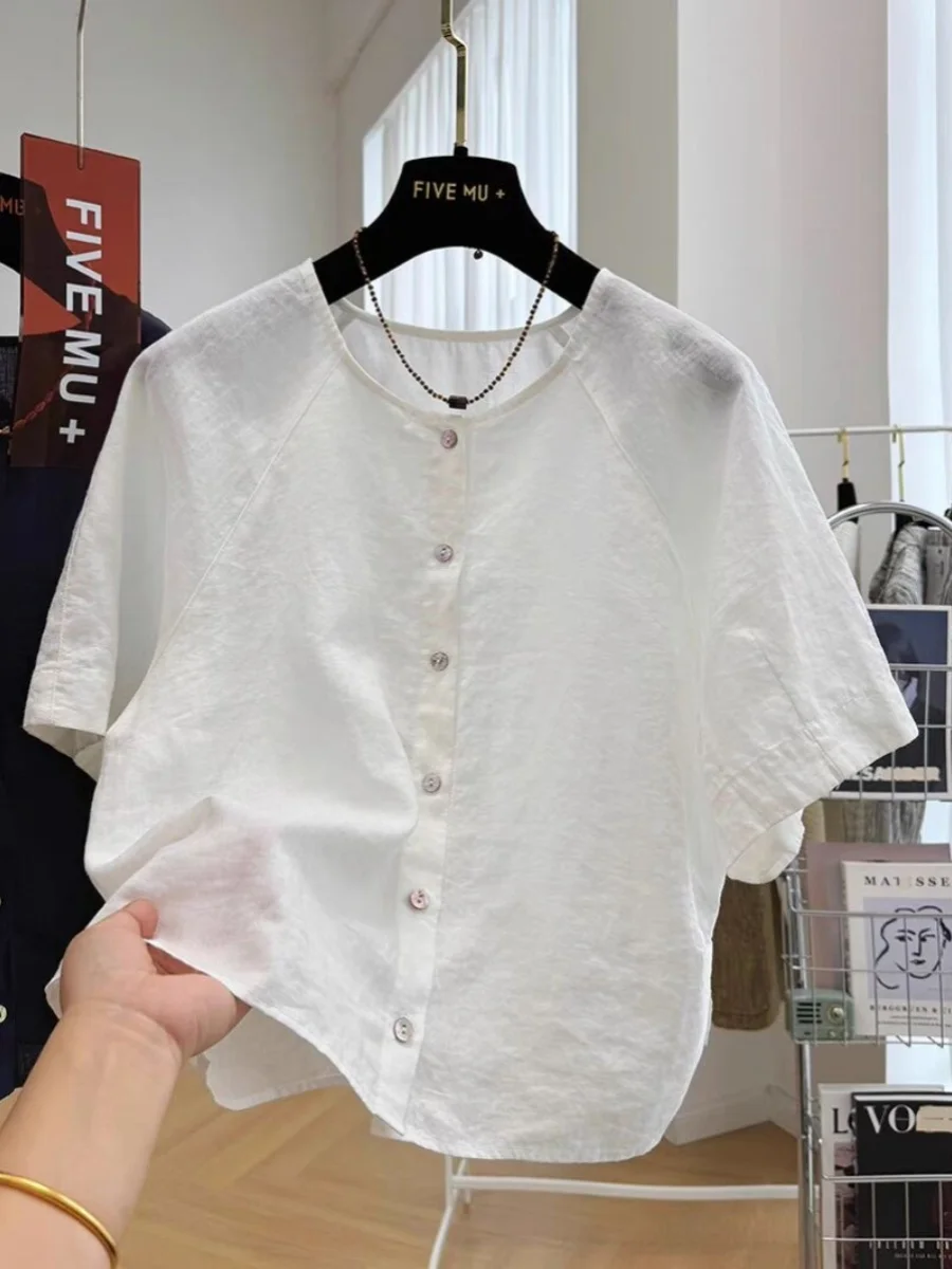 Marca de mujer de lino redondo Ne ort Sve irt verano fino Sle ort longitud Ele Top suelto ajuste Regular longitud Sve