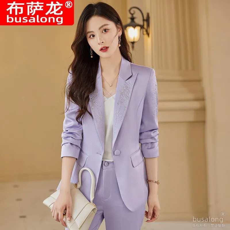 Elegant casual women's suit2025New autumn elegant business commuter rhinestone long-sleeve suit