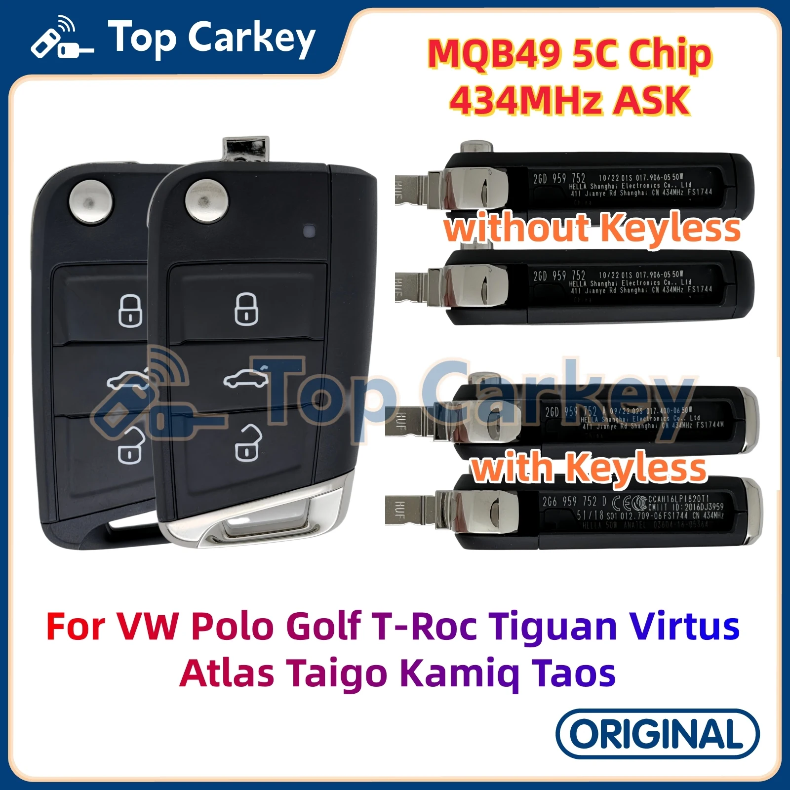

TopCarkey 2GD959752A 2G6959752D Original Remote Key MQB49 5C Chip 434MHz for VW Polo Golf T-Roc Tiguan Virtus Atlas Taigo