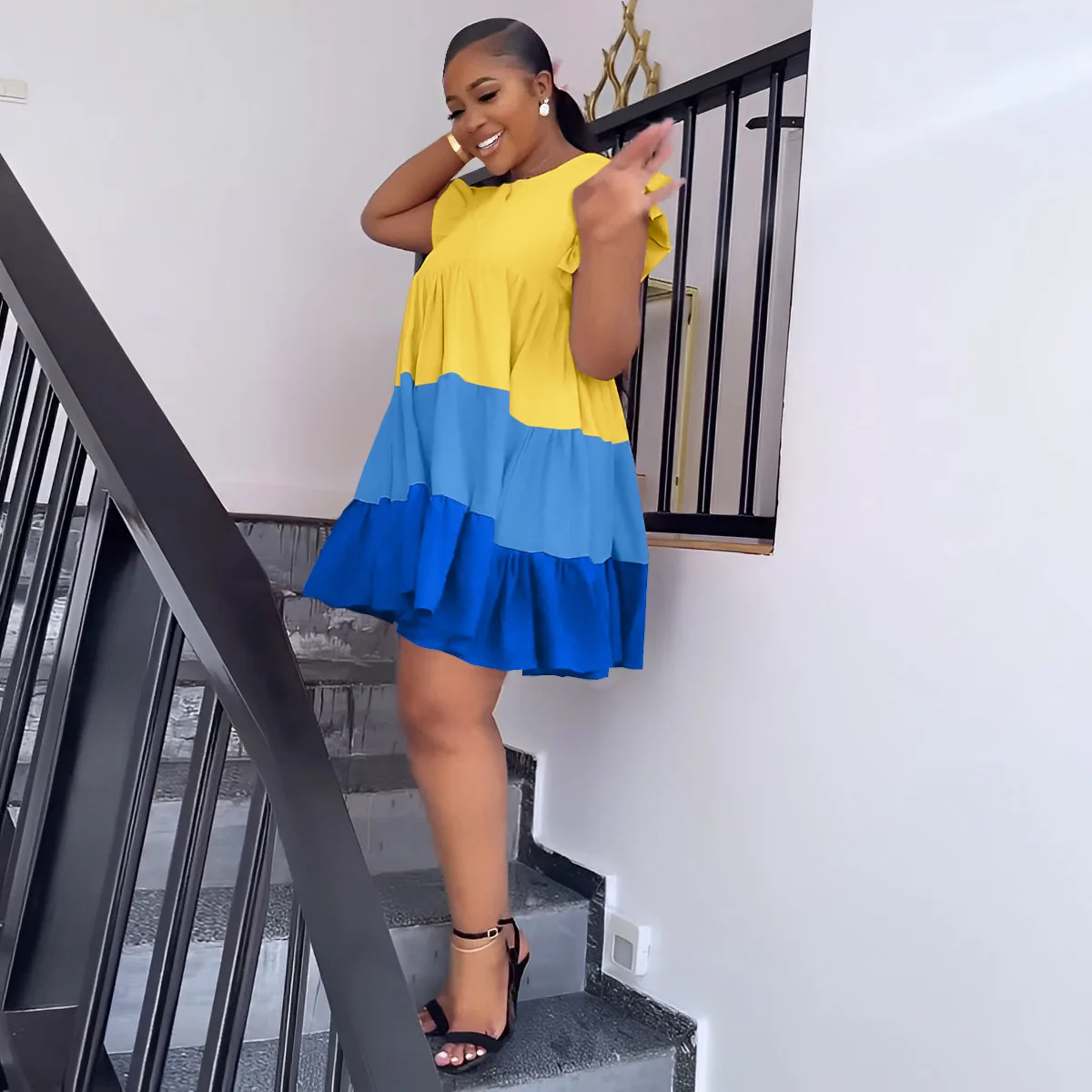 Sister Star Women's Spring and Summer Comfortable Casual Round Neck Ruffled Sleeve Color Collision Splicing Hem Loose Dresses