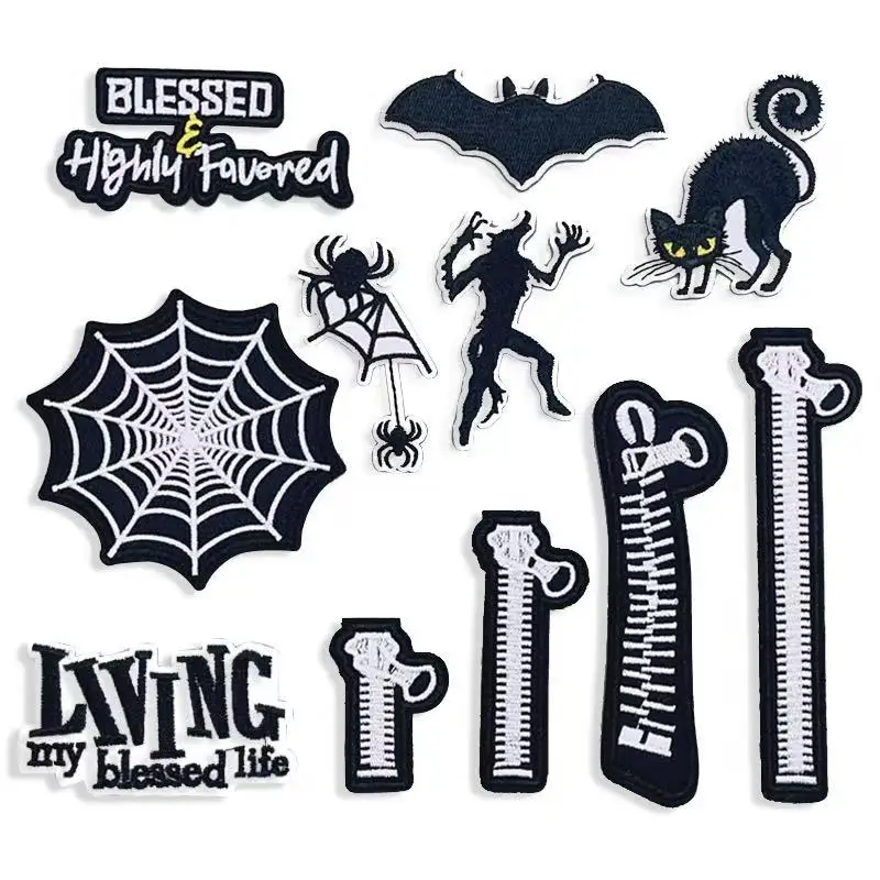 Black Series Heat Activated Spider Zipper Fabric Patches Cat Cartoon Design Halloween Embroidery Patch for Clothing Accessories