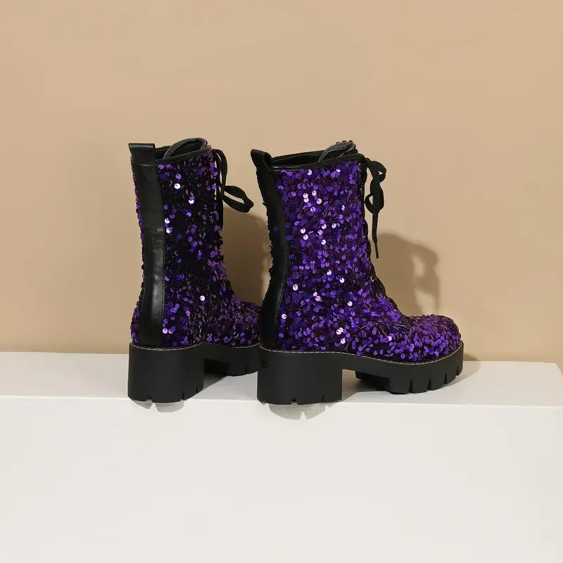 Sequins Bling Glitter Party Goth Shoes For Women Shiny Pink Blue Purple Lace-up Platform Chunky Heels Ankle Motorcycle Boots