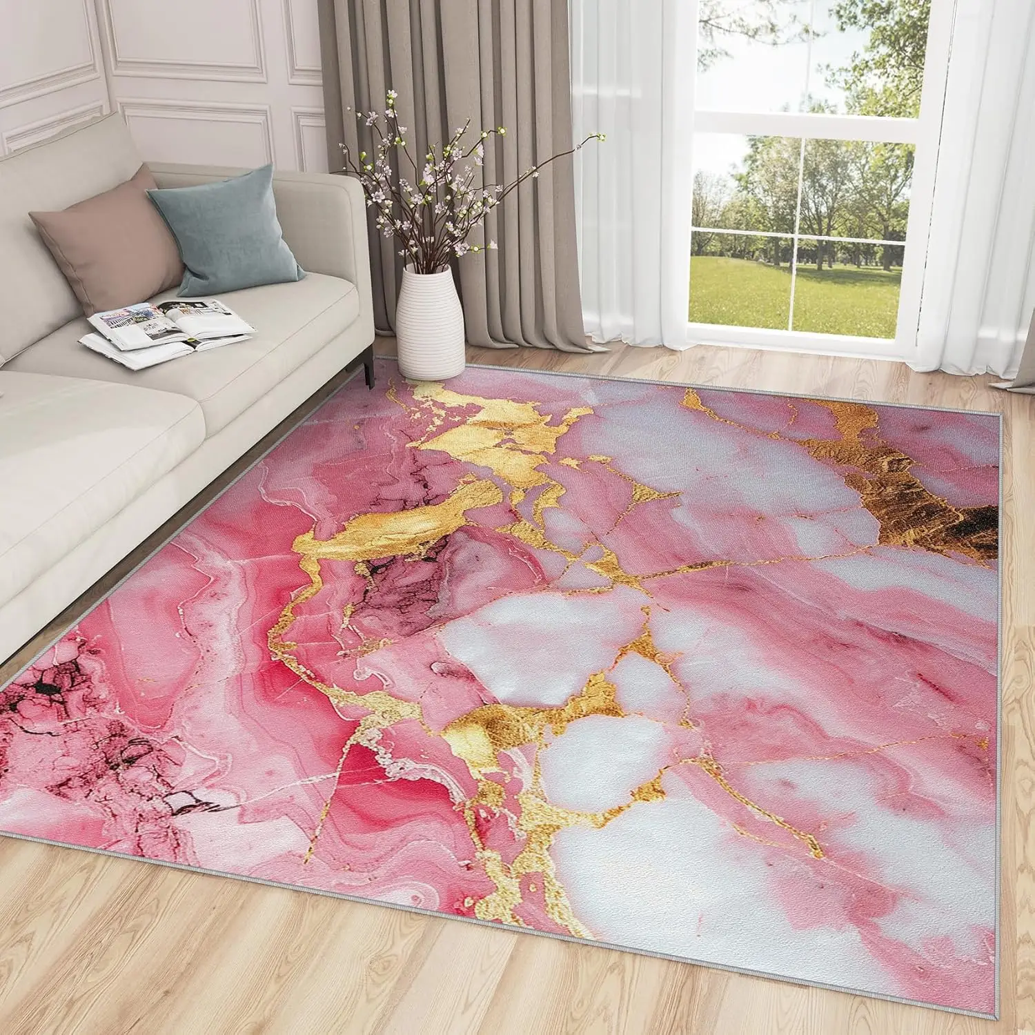 Marble Rugs for Living Room Pink White and Gold Marble Area Rug - Abstract Luxury Rugs - Modern Carpet - Marble Home Decor Gifts