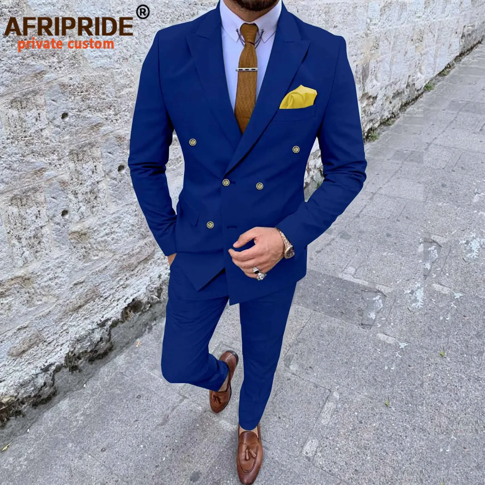 African Suit for Men Double Breasted Slim Fit Jacket with Kerchief and Pants 2 Piece Set African Clothing for Wedding A2216023